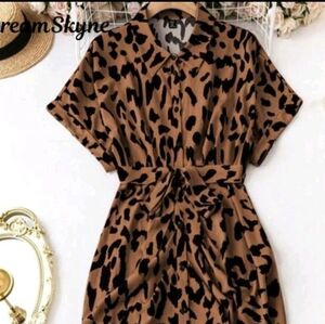 SHEIN Brown & Black Leopard Print Midi Dress with Tie Waist